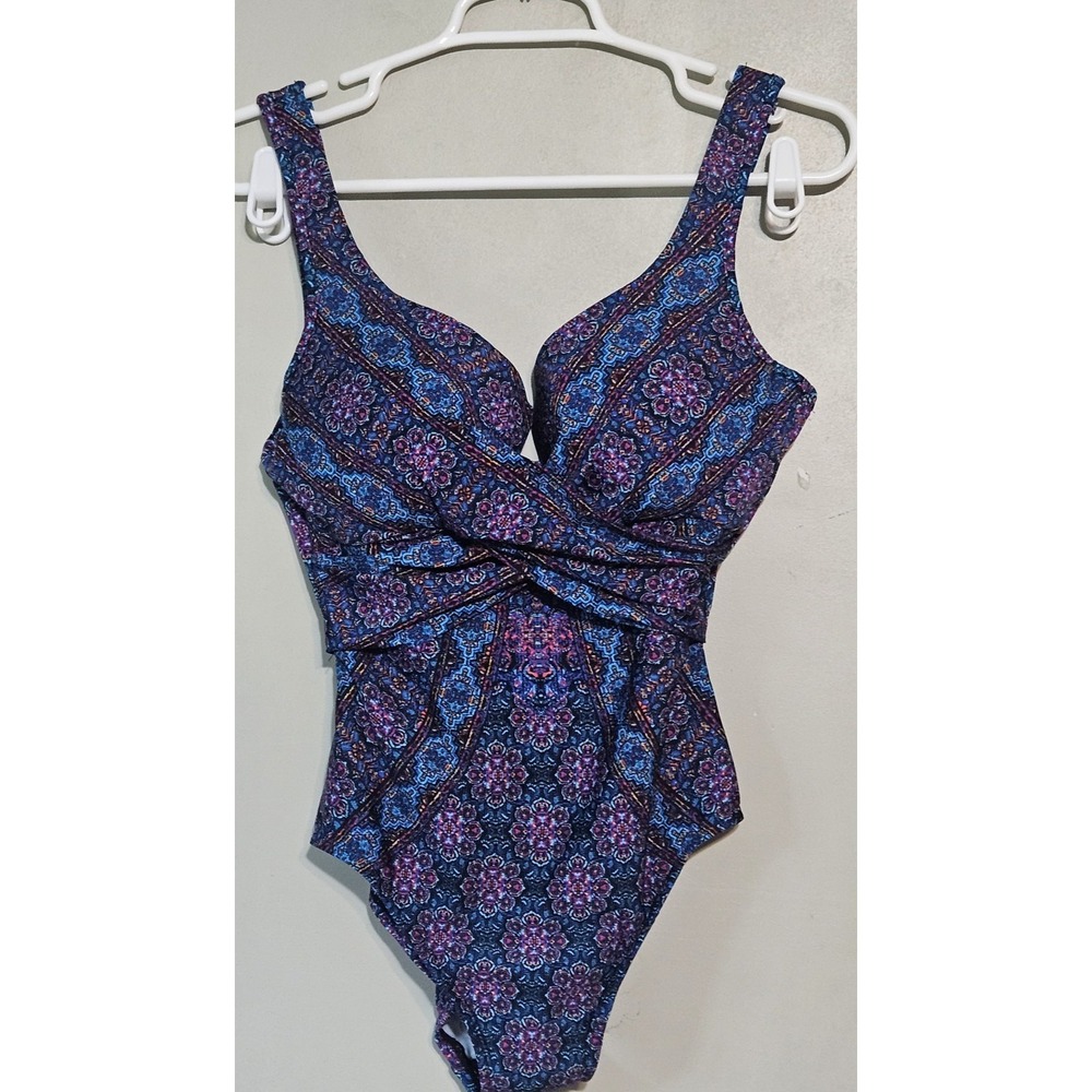 Miraclesuit One Piece Swimsuit Womens 10 Blue Purple Criss Cross Escape Boho